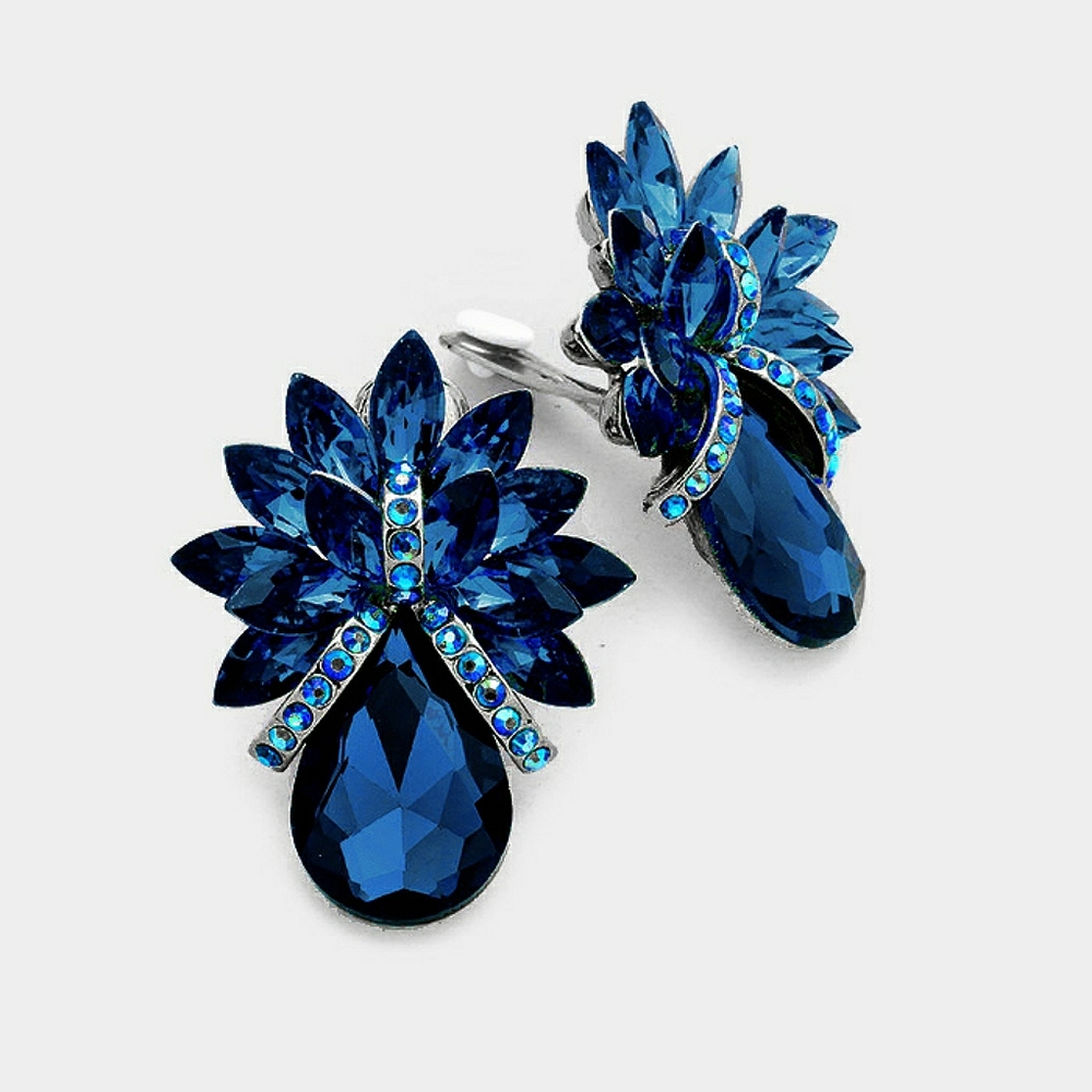 Montana Blue Dangle Crystal Clip On Earrings 2 Inches Teardrop Shaped Jewelry